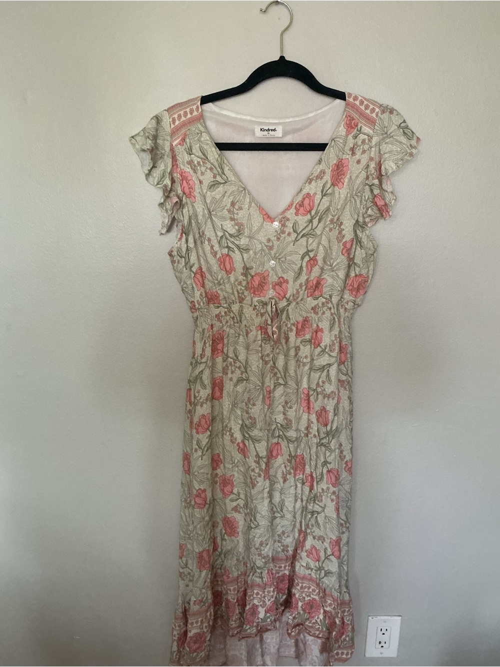 Kindred Anthropologie Floral V-Neck Midi Dress in Pink and Cream